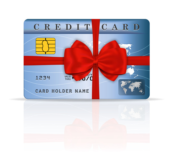 Credit or debit card design with red ribbon and bow - Vecteur, image