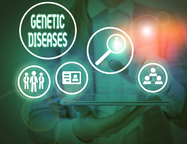 Writing note showing Genetic Diseases. Business photo showcasing disease caused by an abnormality in an individual s is genome. - Photo, Image