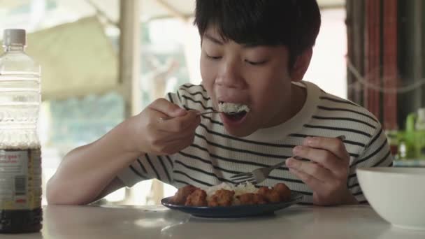 Милий тайський хлопчик їсть смажену рисову їжу. Азійський хлопчик їсть і дивиться в камеру з посмішкою обличчя. - Кадри, відео