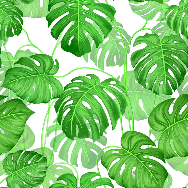 Fondo sin costuras con hojas monstruosas de plantas tropicales. Monstruo exótico hojas sobre fondo blanco. Increíble patrón de hojas. Gráficos vectoriales
. - Vector, imagen
