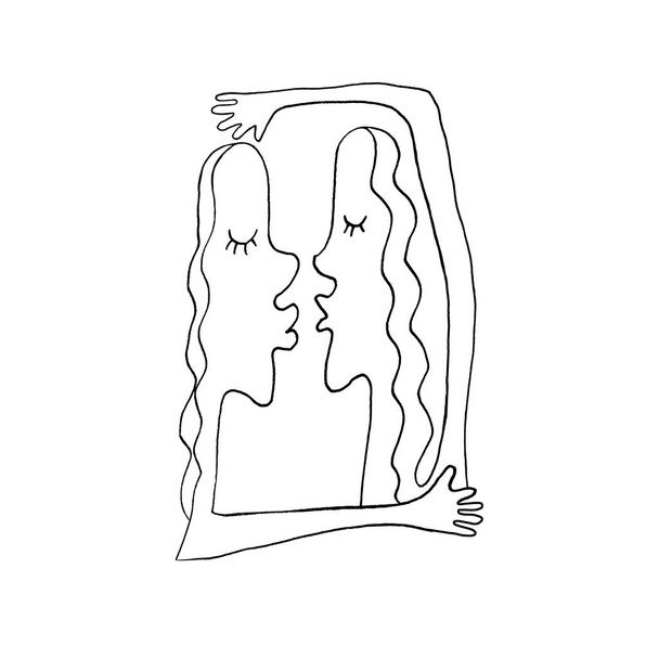 Deux personnes s'embrassent et s'embrassent. Illustration simple et drôle. L'art de la ligne, doodle. Pour affiche ou carte publicitaire, imprimé, t-shirt, mariage, Saint Valentin, 14 février
 - Photo, image