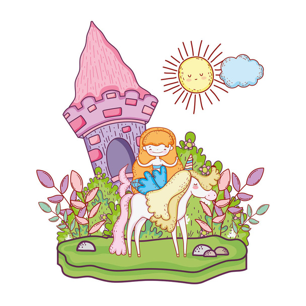 mermaid with unicorn and castle in the landscape - Vector, Image