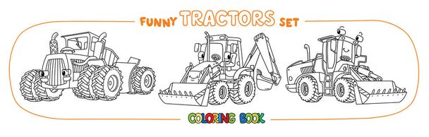 Tractores vetoriais engraçados com olhos. Conjunto de livros para colorir
 - Vetor, Imagem