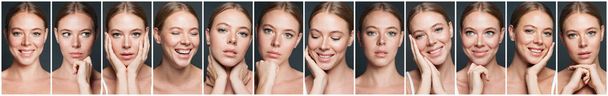 Pretty women faces portrait collage. Emotions, emotional expression set - Photo, Image