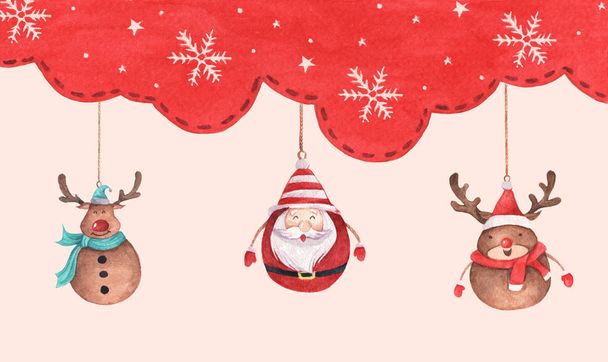 Watercolor Christmas card for invitations, greetings. Santa claus and cute reindeer. - Photo, Image