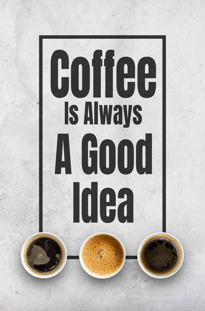 shop decoration poster. paper cups of coffee on cement background. top view - Photo, Image