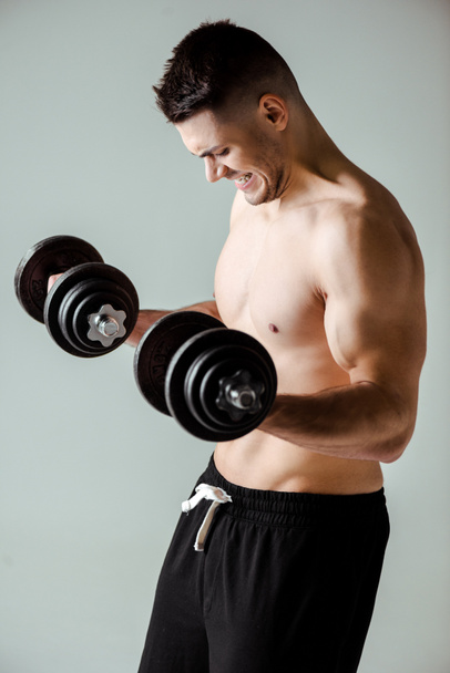 fisiculturista muscular sexy com tronco nu exercitando com halteres isolados em cinza
 - Foto, Imagem