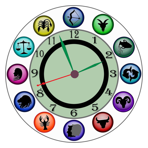 De dierenriemtekens op de schijf in de vorm van een wijzerplaat vertegenwoordigen een astrologische klok. Geïsoleerd object op een witte achtergrond. - Vector, afbeelding
