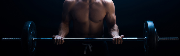 partial view of sexy muscular bodybuilder with bare torso excising with barbell isolated on black, panoramic shot - Fotografie, Obrázek