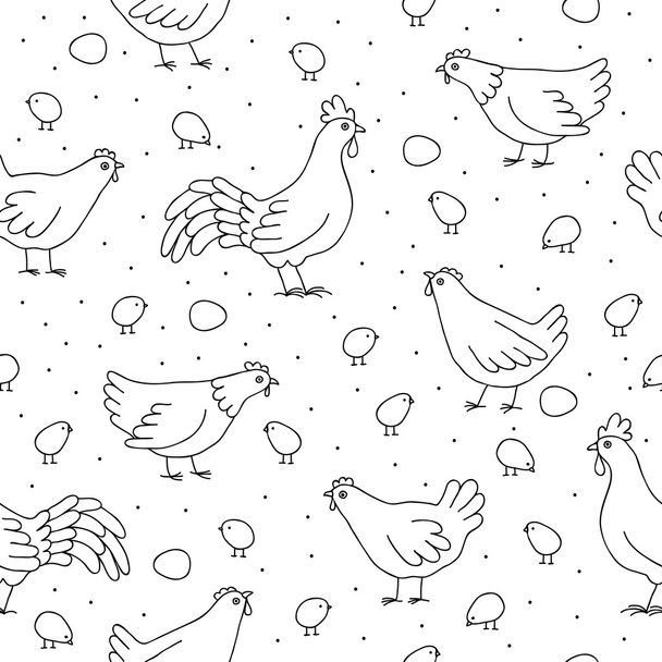 鶏、鶏、鶏とのシームレスなパターン - ベクター画像