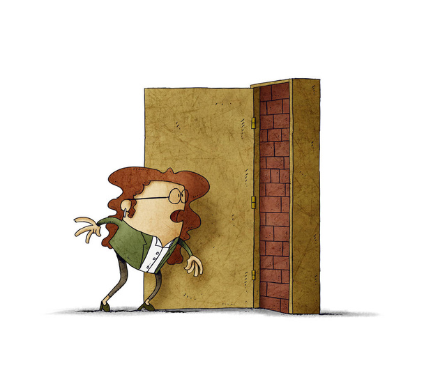 Business woman has opened a door and is covered with bricks. adversity concept. isolated - Photo, Image