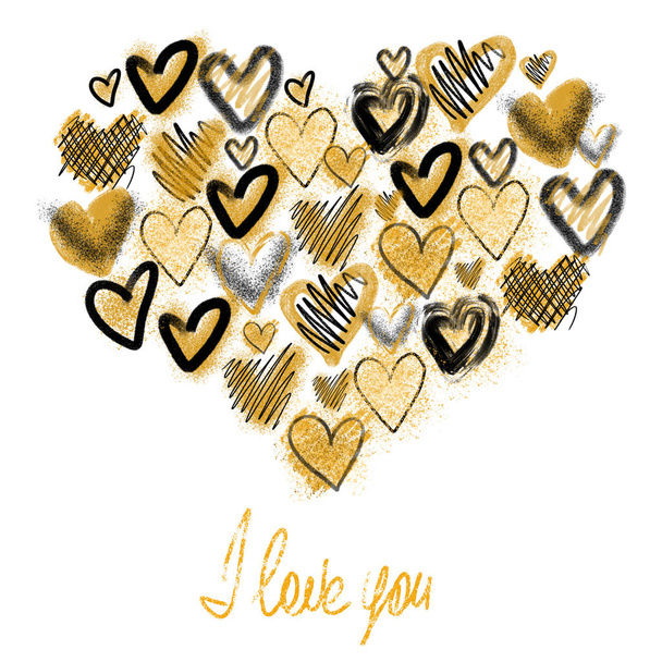 Siyah ve altın kalpli bir kart şablonu, kalp kompozisyonu, beyaz arka plana çizilmiş bir el, harfleri çok seviyorum. - Fotoğraf, Görsel