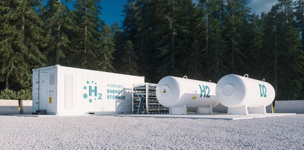 Soluzione ecocompatibile di stoccaggio di energia rinnovabile - gas idrogeno per pulire impianto elettrico situato in ambiente forestale. rendering 3d
. - Foto, immagini