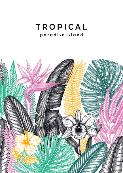 Tropical wedding invitation or card design. Hand drawn palm leav - Vector, Image