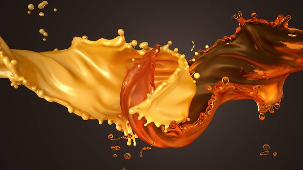 Hermoso, dulce, sabroso fondo salpicaduras de chocolate, leche y miel. Ilustración 3d, representación 3d
. - Foto, imagen