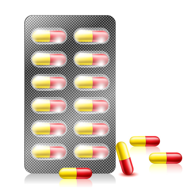 Pill capsule in blister pack - Vector, Image