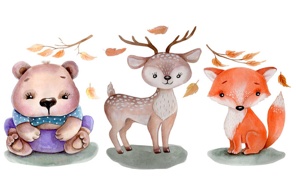 .Σύνολο από τρία χαριτωμένα ζώα δάσος κινουμένων σχεδίων: αλεπού, αρκούδα και ελάφι. Ζωγραφισμένο χέρι ακουαρέλας. Μεμονωμένα. - Φωτογραφία, εικόνα