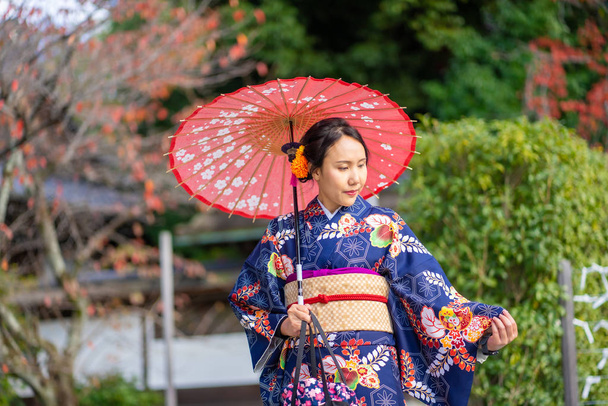 Geishas dziewczyna w japońskim kimono wśród czerwonego drewnianego Tori Gate  - Zdjęcie, obraz