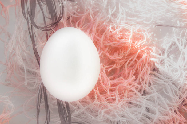 Easter concept, white egg on pink background, woven fabric nest, top view, copy space, sunlight - 写真・画像