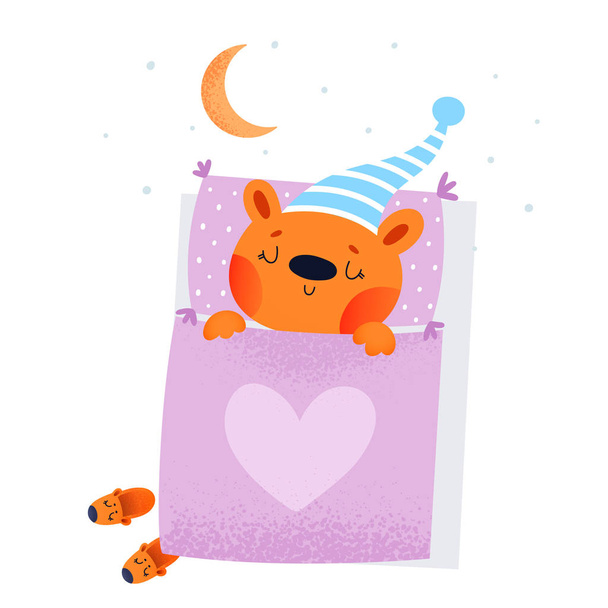 Cute little bear sleeping in bed. Adorable kid under blanket. Lovely baby animal go to sleep. Bedtime or good night childish illustration in flat style. Good for card, poster, print, book, decoration - Vector, Image