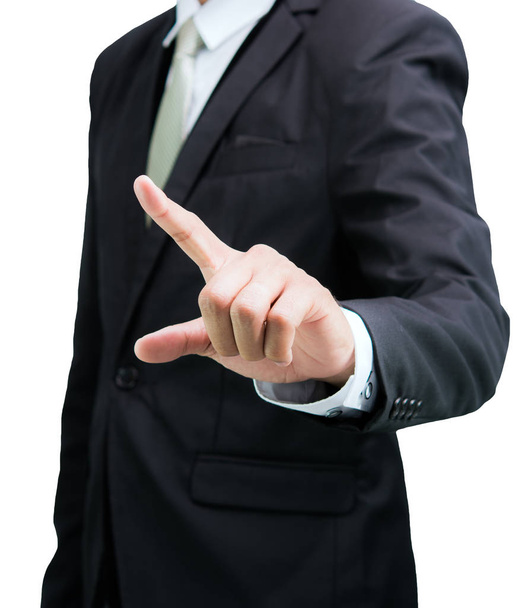 Uomo d'affari in piedi postura mostra mano isolata su sfondo bianco
 - Foto, immagini
