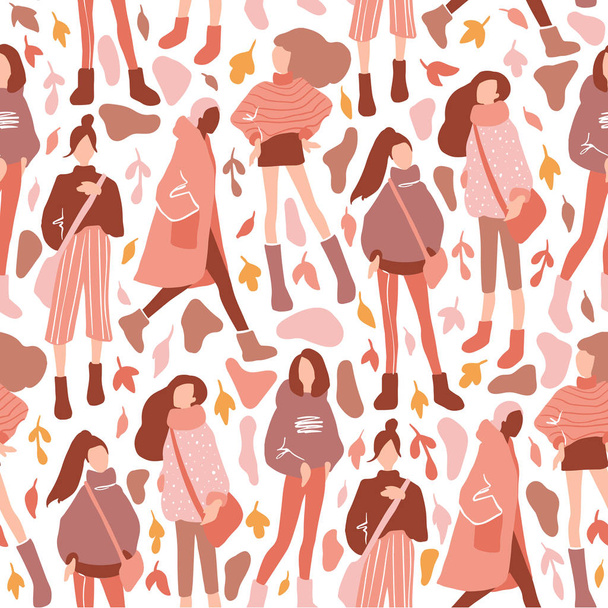 Vector seamless pattern with young women in modern style. Young People background. - Vector, Image