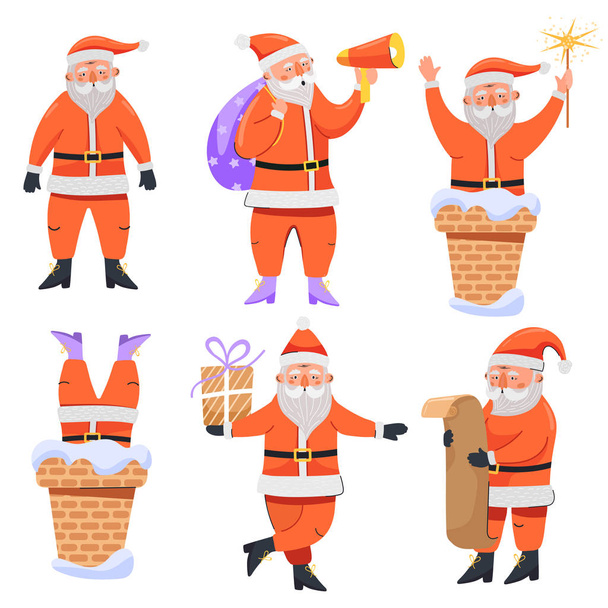 Çeşitli pozlarda Noel Baba karakterleri hediye, çuval, megafon, mektup, maytap ve bacayla. - Vektör, Görsel
