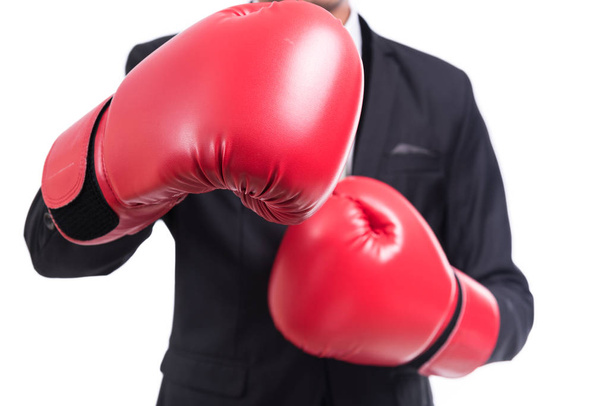 Businessman standing posture with boxing gloves isolated on over white background - Photo, Image