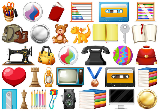 Assorted office, home and school related objects and toys isolat - Vector, Image