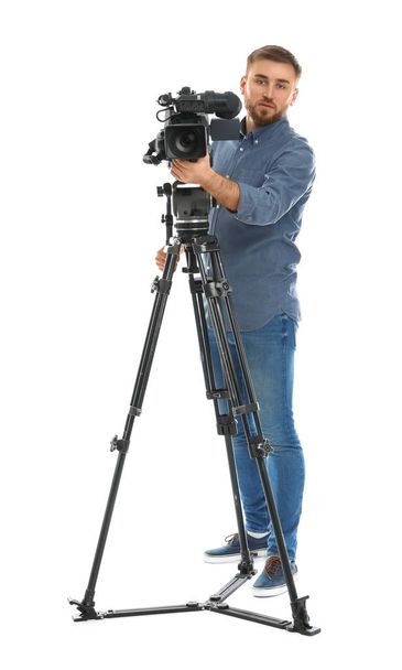 Operator with professional video camera on white background - Φωτογραφία, εικόνα
