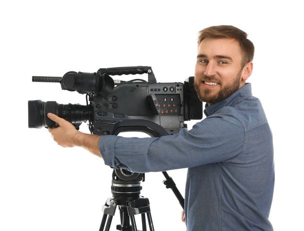 Operator with professional video camera on white background - Photo, Image