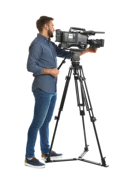 Operator with professional video camera on white background - Zdjęcie, obraz