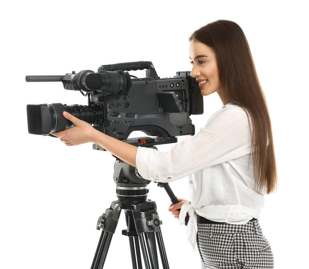 Operator with professional video camera on white background - Valokuva, kuva