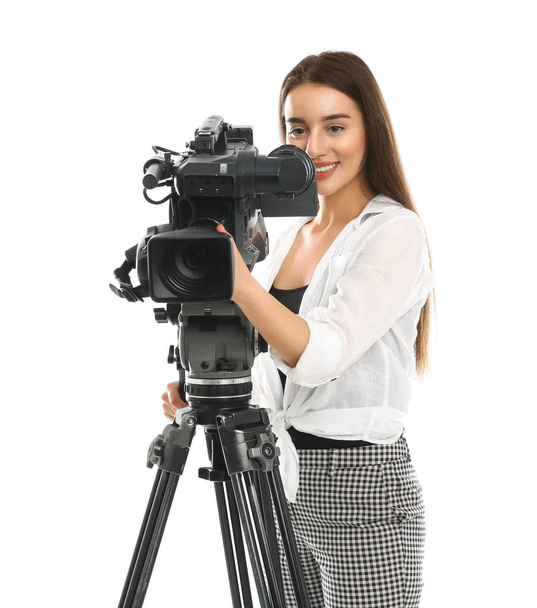 Operator z profesjonalną kamerą wideo na białym tle - Zdjęcie, obraz