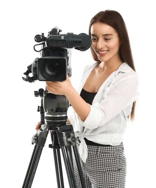 Operator with professional video camera on white background - Foto, afbeelding