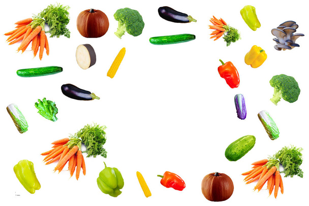 fresh vegetables isolated on white background, long format with copy space, top view - Foto, imagen