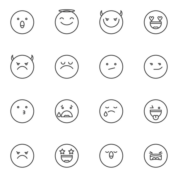 Icone della linea Emoji impostate. Collezione di simboli in stile lineare Emoticon, confezione di segni di contorno. Grafica vettoriale sorridente. Set include icone come diavolo, angelo, amore, urlare, piangere, baci, felice, neutro, arrabbiato, male
 - Vettoriali, immagini