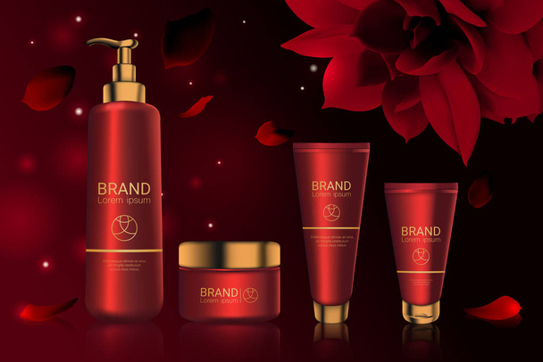 Red cosmetics bottles with logo package mockup - Vector, Image