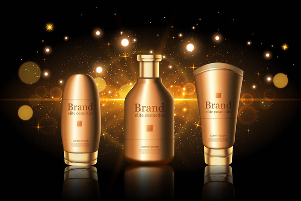 Gold skincare bottles with brand logo mockup - Vector, Image