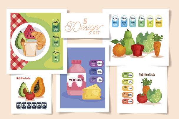 establecer cinco diseños de datos nutricionales con alimentos saludables
 - Vector, imagen
