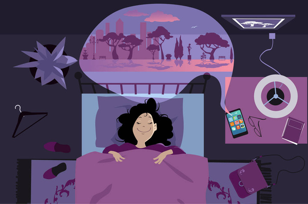 Genç bir kadın, akıllı telefonunda uyku yardımı uygulaması kullanarak geceleri yatakta uzanıyor. - Vektör, Görsel