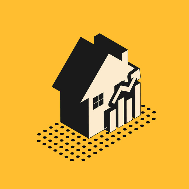 Isometric Rising cost of housing icon isolated on yellow background. Rising price of real estate. Residential graph increases.  Vector Illustration - Vector, Image