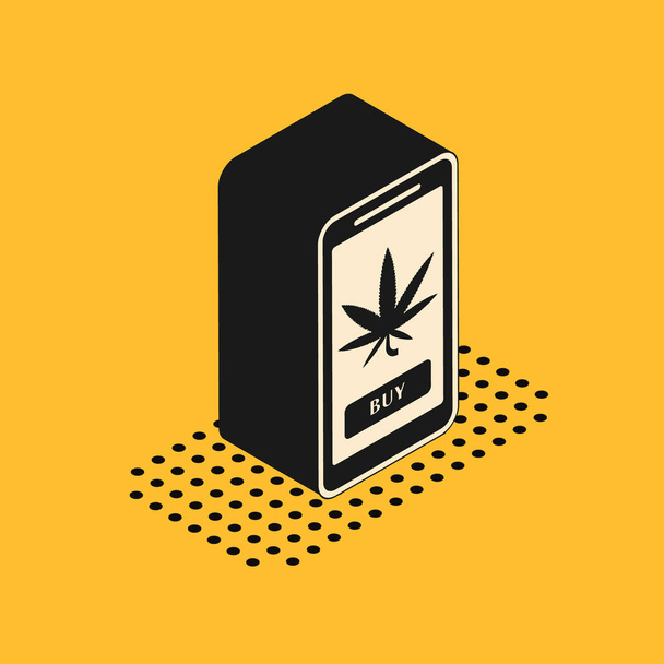 Sarı arka planda izole edilmiş Isometric cep telefonu ve tıbbi marihuana veya kenevir yaprağı ikonu. İnternetten satın alma sembolü. Süpermarket sepeti. Vektör İllüstrasyonu - Vektör, Görsel
