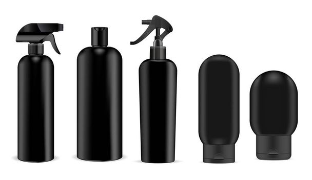Zwarte cosmetica sprayer en shampoo, gel fles - Vector, afbeelding