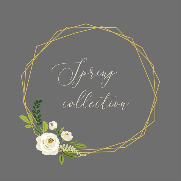 Linda colección primavera marco geométrico floral con ramos de rosas blancas rústicas flores y ramas de hojas verdes
 - Vector, imagen