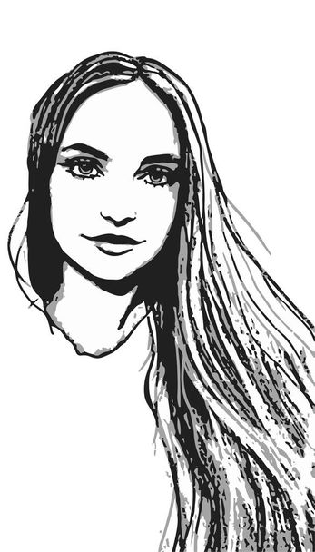 Μόδα γυναίκα πορτρέτο t πουκάμισο σχέδιο χέρι που με πεδίο κειμένου για σημάδι, διάνυσμα όμορφη εικόνα. Ευρωπαϊκή ξανθιά μακριά μαλλιά κορίτσι μοντέλο απομονωμένο σε λευκό - Διάνυσμα, εικόνα
