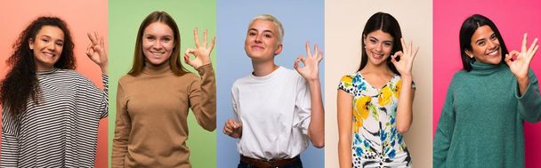 Set of women showing ok sign with fingers - Photo, Image