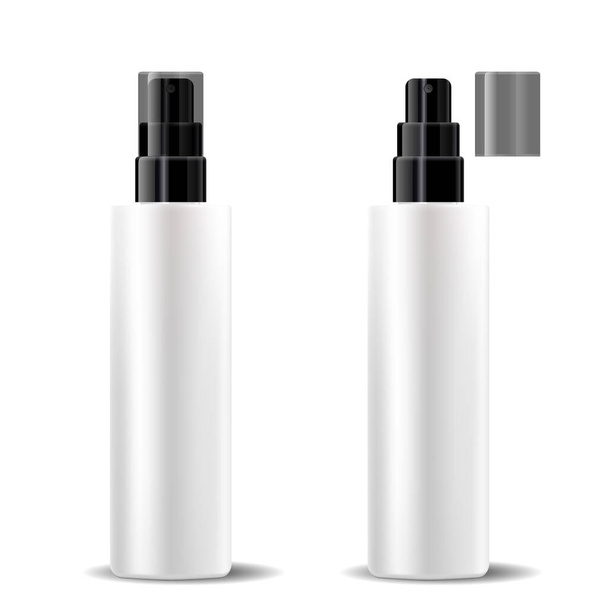 White plastic bottles set with glossy black dispenser spray pump lid. - Vector, Image