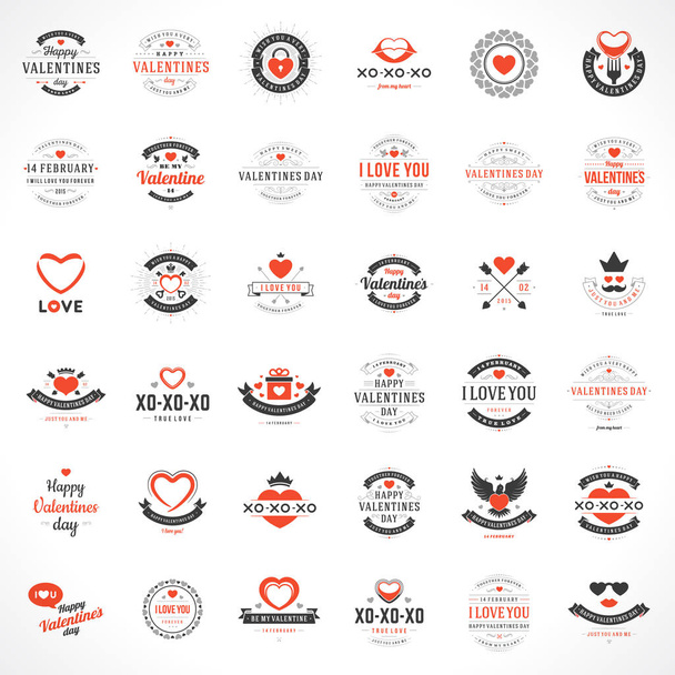 Szczęśliwe Walentynki kartki okolicznościowe i odznaki vintage typografia projekt z symbolami dekoracji - Wektor, obraz
