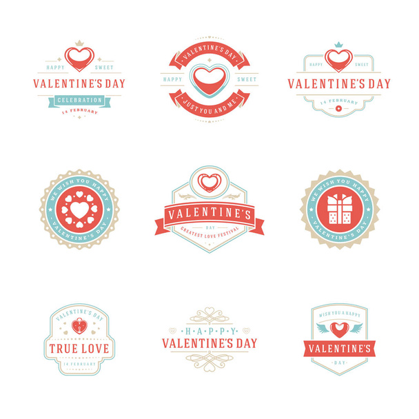 Gelukkige Valentijnsdag wenskaarten en badges vintage typografie ontwerp met decoratie symbolen - Vector, afbeelding